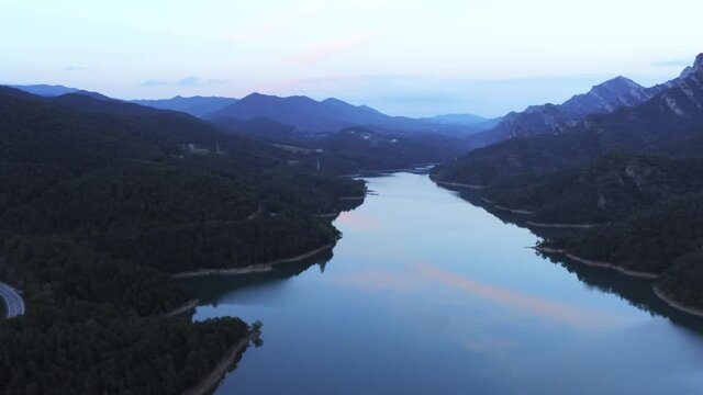 Reservoir in Berga.Barcelona. Catalonia,Spain. Aerial Drone Footage