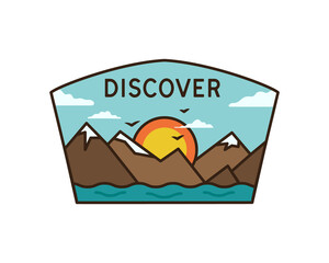 Vintage discover logo, adventure emblem design with mountains and river. Unusual line art retro style sticker. Stock vector
