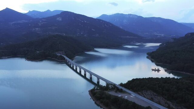 Reservoir in Berga.Barcelona. Catalonia,Spain. Aerial Drone Footage