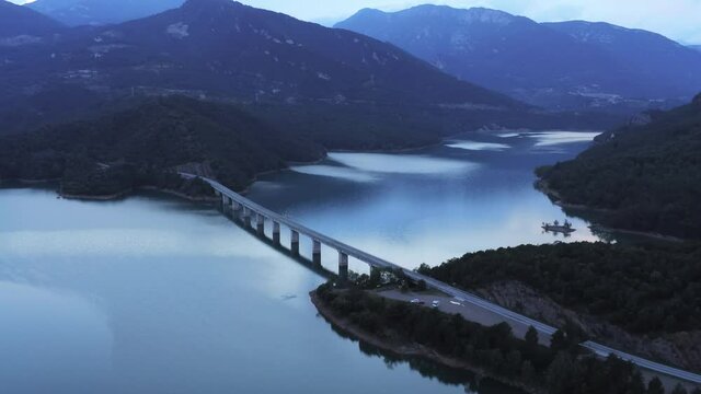 Reservoir in Berga.Barcelona. Catalonia,Spain. Aerial Drone Footage
