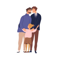 Happy lgbt family hugging and feeling love vector flat illustration. Gay couple with kid. Two enamored fathers cuddle little cute daughter isolated. Smiling homosexual man and girl standing together