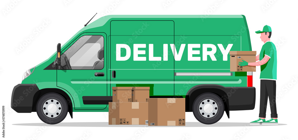 Wall mural loader unloads the goods from van. fast and free delivery service in city. courier with parcel box. 