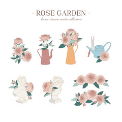 Rose Garden themed vector clipart. Soft color palette. Isolated on white background.