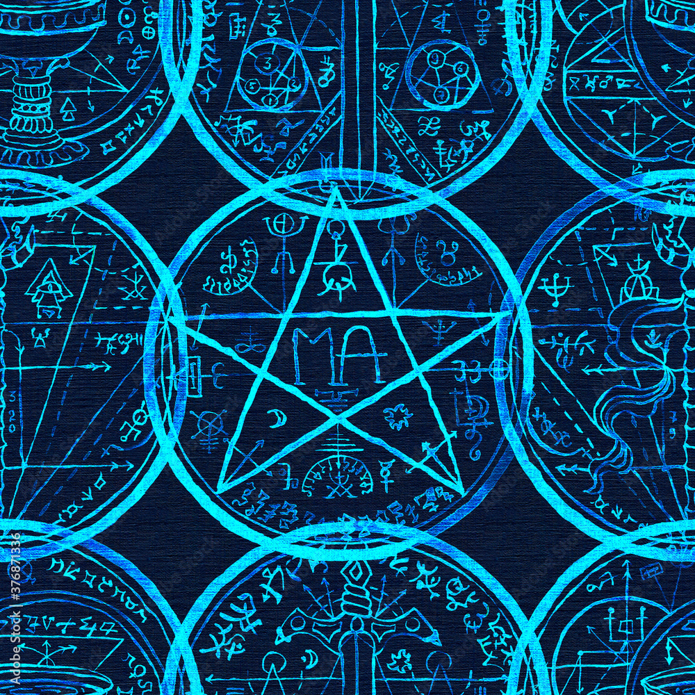 Wall mural Seamless pattern with magic seal, fantasy symbols and pentagram on blue.