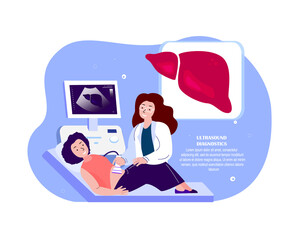 Ultrasound Doctor Hepatologist,Gastroenterologist,Researching,Screening Liver Hepatic on Ultrasound Investigation.Clinic Medicine Diagnostic.Medical Hospital.Digital Treatment.Flat Vector Illustration