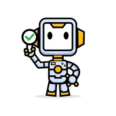 Fototapeta premium Cute characters friendly robot holding sign check mark