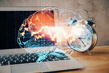 Double exposure of desktop computer and human brain drawing hologram. Ai concept.