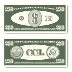 US fictitious green paper money in denominations of two hundred fifty dollars