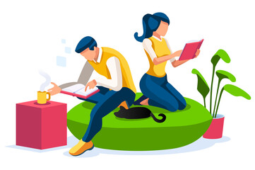 Fototapeta premium Female and Male Characters together at home, couple relaxing on the weekend, leisure and love concept. Time for books, time for leisure relax at home. Isometric Illustration Flat Vector.