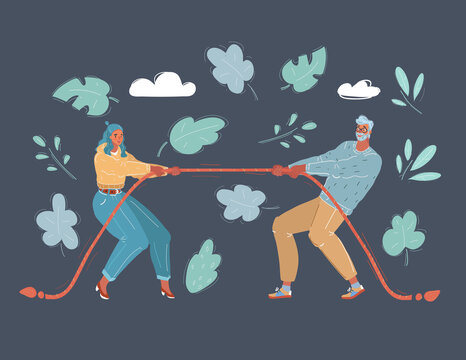 Vector Illustration Of Couple Quarrel, Tug-of-war. Man And Woman Are Fighting Each Other