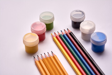 lead pencils, colored pencils, gouache paints on white background