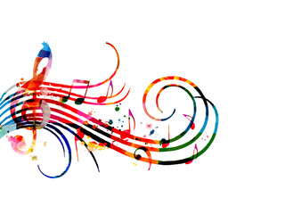 Colorful music promotional poster with music notes isolated vector illustration. Artistic abstract background with music staff for music show, live concert events, party flyer template