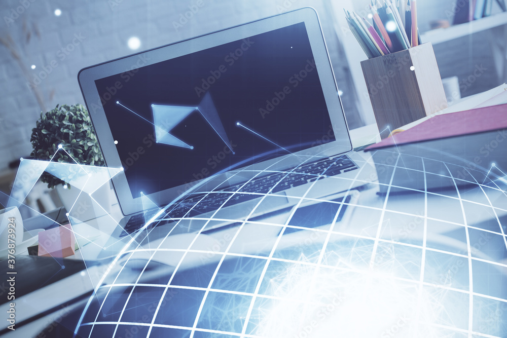 Aufkleber Double exposure of desktop with computer and world map hologram. International data network concept.