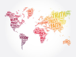 Truth word cloud in shape of world map, concept background