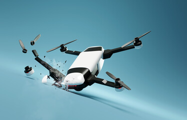 Naklejka na ściany i meble A flying drone crashing into the ground and breaking. 3D illustration