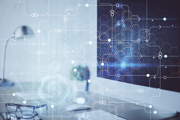 Double exposure of desktop computer and technology theme hologram. Concept of software development.