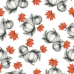 autumnal seamless background with ink pumpkin drawing and watercolor autumn leaves, fall pattern decoration for backgrounds, fabric or wrapping, autumn illustration