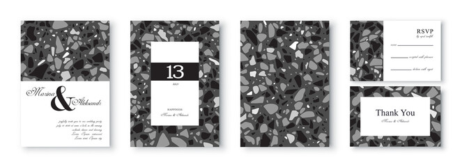 Abstract wedding invitation template design with terrazzo pattern in black and white colors. Background with geometric shapes, pieces, stone fragments. Save the Date collection and RSVP.