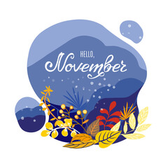Monthly calendar page with hand drawn text Hello November. Colorful fall card or background with yellow autumn leaves, grass and snow. Vector illustration.