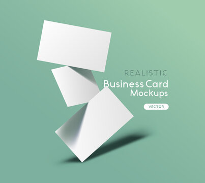 Floating stack of business cards on a green background. Brand identity mockup design with shadows. Vector illustration.