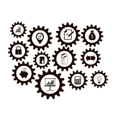 Vector collection of flat business icons. Gear, diagram, pig, currency, pointer, arrows, lock, calculator, light bulb, book, notepad.