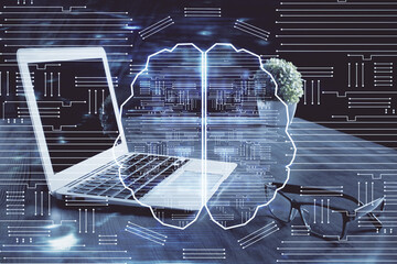 Multi exposure of work space with computer and human brain hologram. Brainstorm concept.