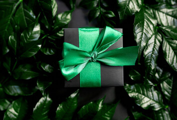 Luxury black gift box with green ribbon on a dark background with leaves on the sides, creative layout, flat lay, nature concept..