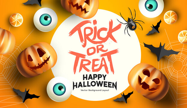 Spooky and fun happy halloween event mockup design background. including bats, sweets, and grinning jack o lantern pumpkins. Vector illustration.
