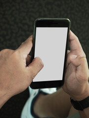 hands holding mobile phone with empty white screen, searching information, connection with people, study online      