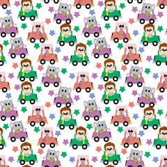 pattern design with cute animal cartoon driving car, copy space