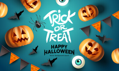 Spooky happy halloween event mockup design background. including bats, party bunting, and grinning jack o lantern pumpkins. Vector illustration.