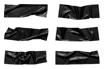 Black wrinkled adhesive tape isolated on white background. Black Sticky scotch tape of different sizes.
