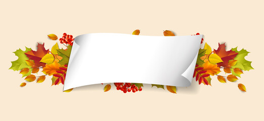 Greetings and gifts for the autumn and autumn season concept. Autumn background, poster and banner template with colorful autumn leaves.