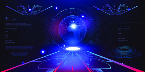 Holographic blue glowing 3D ball or earth energy shield in futuristic space of user HUD interface. Glowing volumetric 3D ball with dots or segments. Abstract background. Video game interface