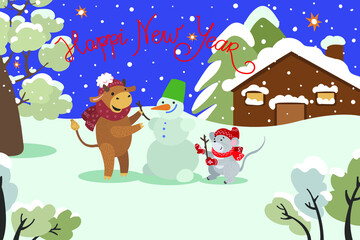 bull and mouse - symbols of 2021 and 2020, make a snowman on a winter evening, near a wooden house. cartoon, apartment, fairy tale, postcard, printable, vector vector image