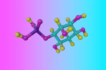 Molecular structure of inositol monophosphate. It plays crucial pole in diverse cellular functions, such as cell growth, apoptosis, cell migration and cell differentiation. 3d illustration