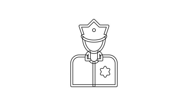 Black line Police officer icon isolated on white background. 4K Video motion graphic animation.