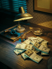Film noir style desktop with revolver and cash money