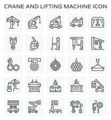 Crane icon or lifting equipment icon such as tower, crawler, mobile, gantry, overhead, jib, winch, etc. That using in construction, transportation, production etc industry. Vector icon design.