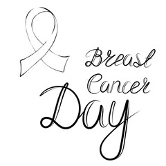 lettering breast cancer day with ribbon, outline, print for textile design, paper, raster copy