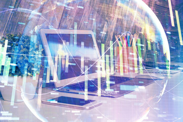 Multi exposure of business theme icons and table with computer background. Concept of success.