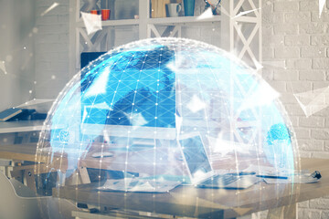Multi exposure of business theme icons and table with computer background. Concept of success.