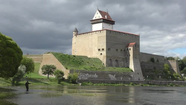 Panoramic view of Narva Castle in Estonia and Ivangorod Casle in Russia