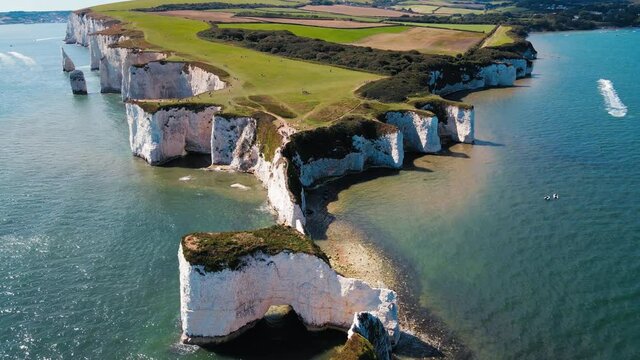 ENGLAND - 2020 - Beautiful aerial over the white cliffs of Dover near Old Harrys Rocks on the south coast of England.