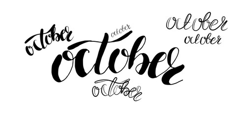 set of lettering october in different styles, fight against breast cancer, outline, print for textile, paper design, raster copy