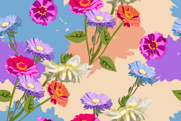 Vector seamless floral pattern with realistic flowers aster, zinnia, dahlia, on a multicolored summer background, bright feminine background for fabric design, wrapping paper, textile.