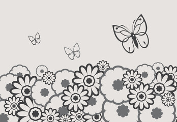 Abstract background with flowers and butterflies. Vector illustration.