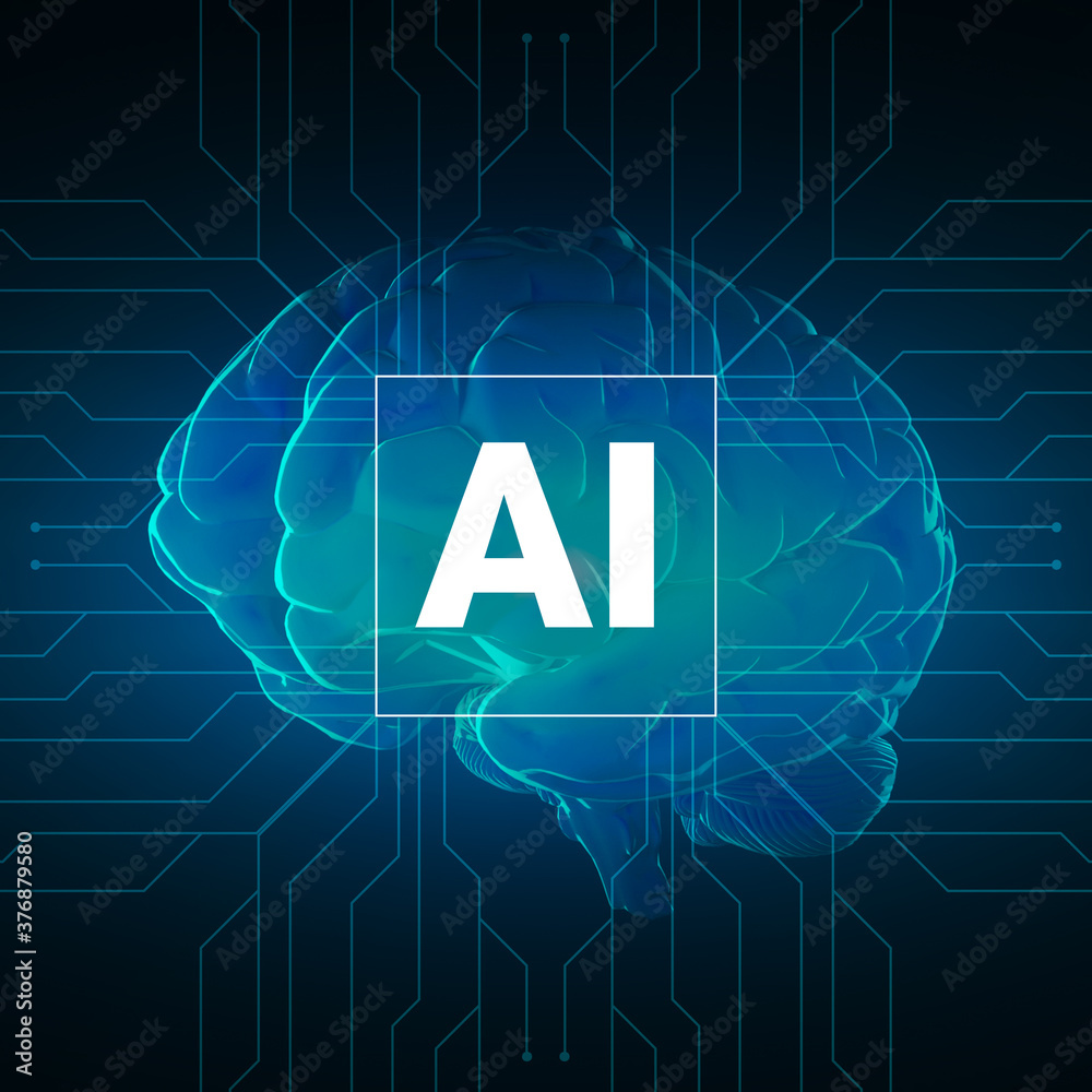 Poster Artificial Intelligence Concept. Digital brain with electronic neural connections and AI lettering