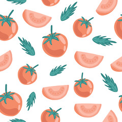 Tomatoes seamless pattern on white background. Fresh red tomatoes hand drawn. 