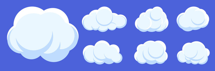 White clouds cartoon set on blue sky background. Fun speak air bubble, sticker template. for text. Weather symbol, different shape cloud icon. Web cloudy service sign. Isolated vector illustration